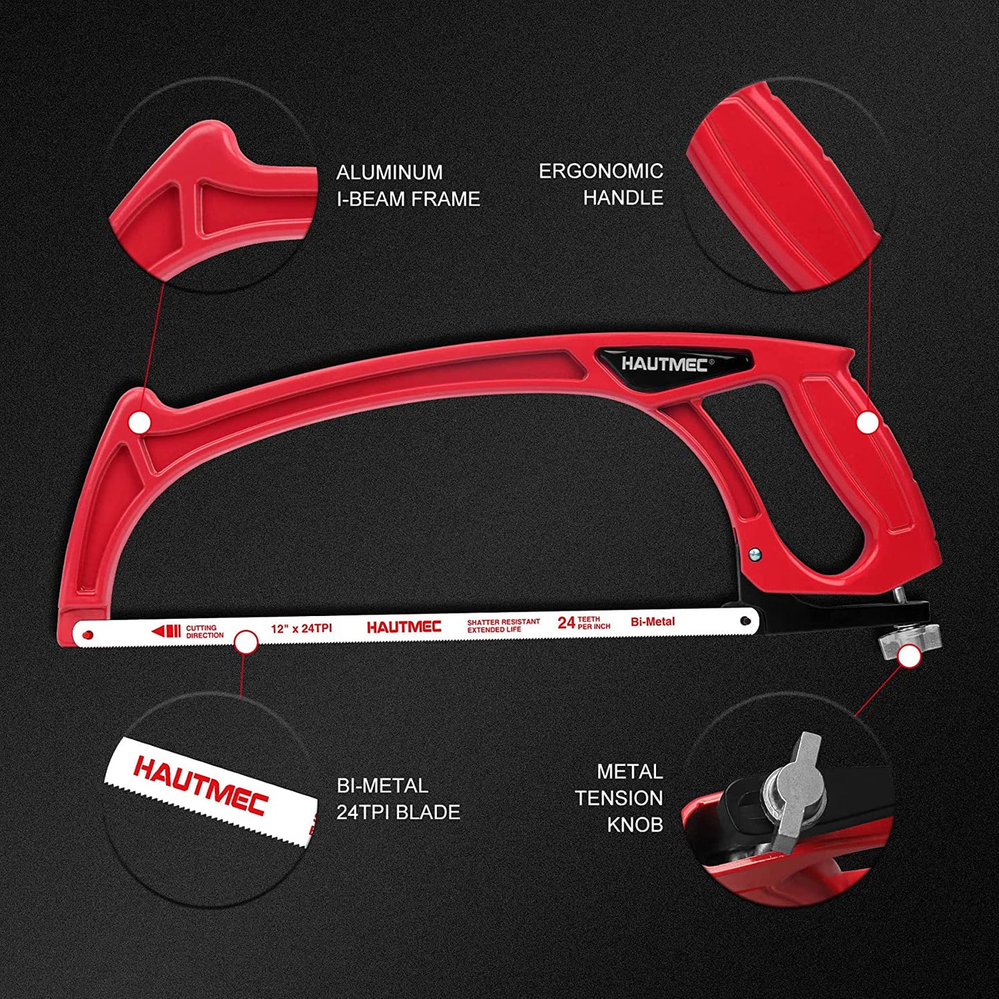 HAUTMEC 12 inch Hacksaw, Adjustable Heavy Duty Hacksaw Frame with High-Tension 24 TPI Bimetal HSS Blade for Metal,Pipe,PVC,Wood Cutting HT0101 Bimetal HSS High Tension Blade, for Metal, Steel Pipe, PVC, Wood HT0101-HS
