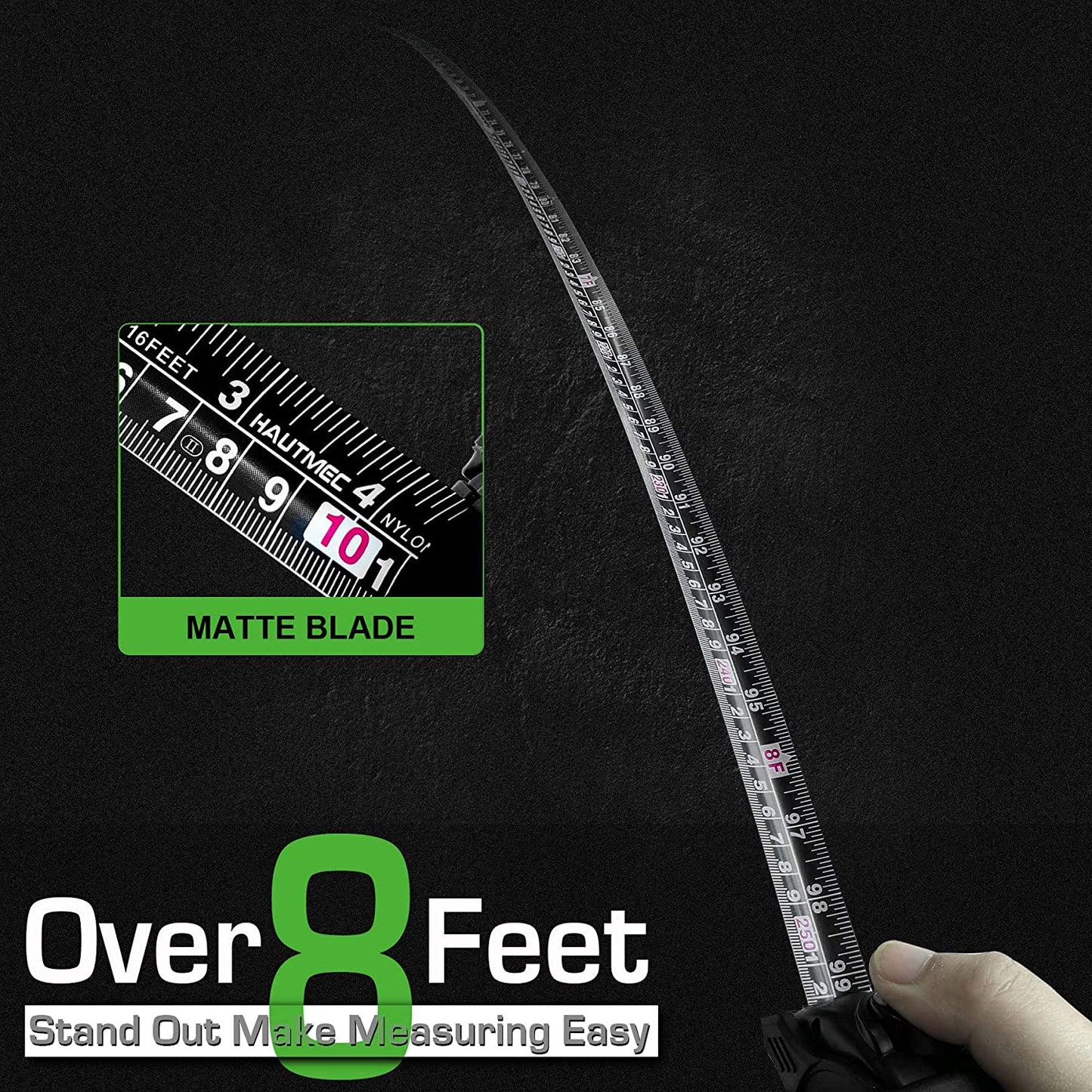 HAUTMEC 16 Ft (5m) Heavy Duty AutoLock Black Tape Measure, Self-Lock, 1" Wide Black Rigid Blade, Dual Sided Rule Print 4 Pack, HT0100-4PC