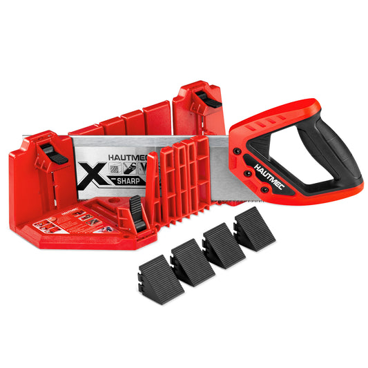 HAUTMEC 14-Inch Clamping Miter Box and Saw Set, 12-Inch Back Saw, 65Mn Steel Blade with Reinforced Spine, Adjustable Jaw & 4 Anti-Slip Clamps for 22.5°, 45°, 90° Precision Cuts  HTHDM25038
