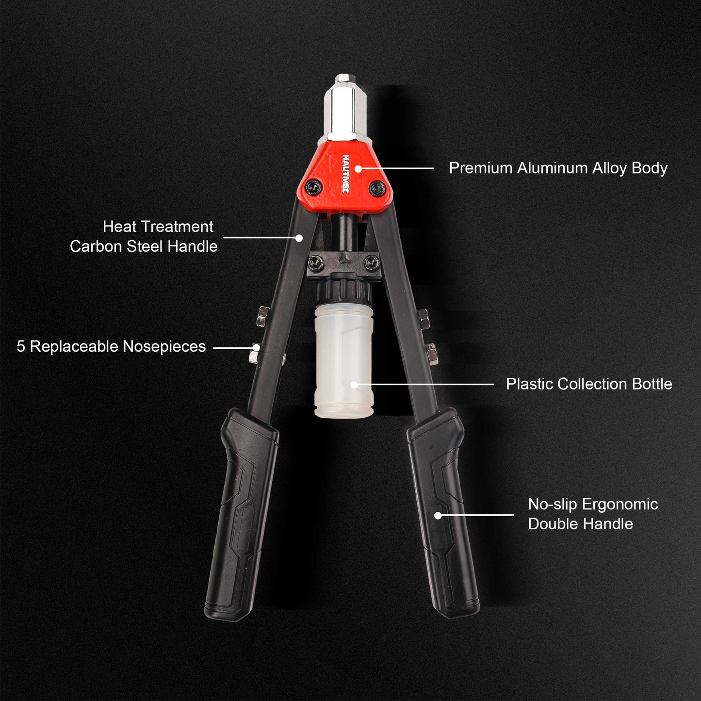 HAUTMEC Pop Rivet Gun,13" Labor Saving Hand Riveter with 5 Replaceable Nosepieces And Rivets Collecting Bottle HT0129-HR