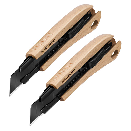 HAUTMEC 2PCS 18mm Retractable Utility Knife Wooden Handle, Heavy Duty Box Cutter Autolock and Snap off with SK2H Ultra Sharp Black Blade, Wooden Recyclable Handle Design, HT0352-2PC