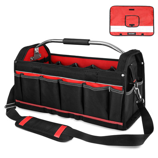 HAUTMEC 20" Heavy-Duty Tool Tote Bag with Waterproof & Dustproof Cover, 1680D Open Top Tool Bag with Rotating Handle, Level Holder and Adjustable Shoulder Strap – HT0296