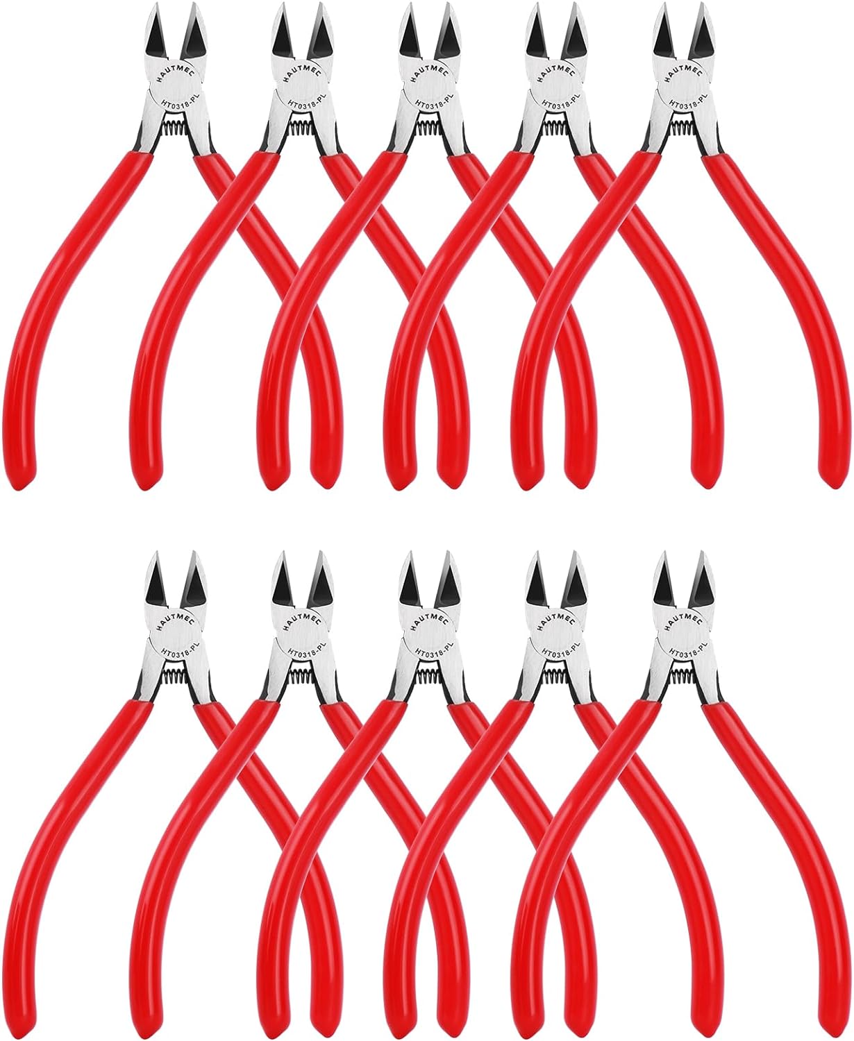 HAUTMEC 6" Flush Cut Pliers Ultra Sharp Wire Cutters 10PCS with Spring Loaded and Non-slip Grip, Ideal Wire Snips for Plastic, Soft Wire, Toy Model Kits, Jewelry Marking, Zip Ties, HT0318-10PC
