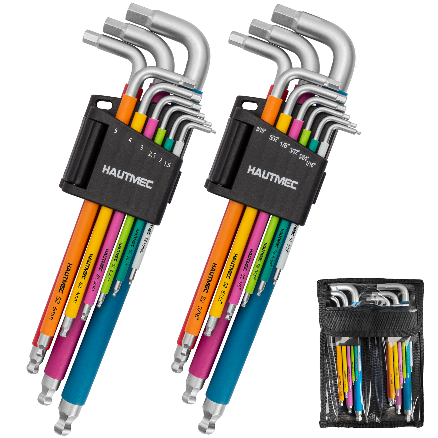 HAUTMEC Allen Wrenches Sets with Ball End(SAE & Metric), 18PCS Extra Long Arm Hex Key Set,  Heavy-Duty S2 Steel Pro Allen Key Set, 1/16" to 3/8" and 1.5-10mm, Color Coded Sleeve with Belt Loop Pouch HTHKP25053