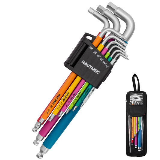 HAUTMEC Allen Wrenches Sets with Ball End, 9PCS Extra Long Arm Hex Key Set,  Heavy-Duty S2 Steel Pro Allen Key Set, 1/16" to 3/8", Color Coded Sleeve with Belt Loop Pouch for Professional Mechanics HTHKP25055
