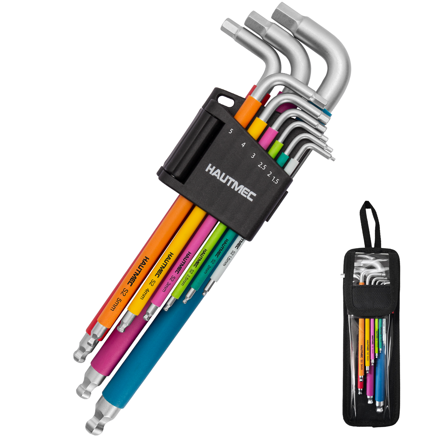 HAUTMEC Metric Allen Wrenches Sets with Ball End, 9PCS Extra Long Arm Hex Key Set,  Heavy-Duty S2 Steel Pro Allen Key Set, 1.5-10mm, Color Coded Sleeve with Belt Loop Pouch for Professional Mechanics HTHKP25054