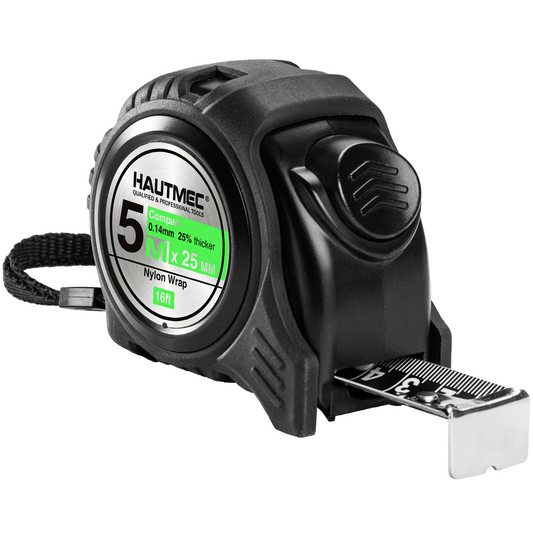 HAUTMEC Tape Measure 16ft/5m Dual Scale Metric Measuring Tape, Auto-Lock with Nylon Coated Blade & Rubber Case, for Construction, Woodworking, DIY HT0100