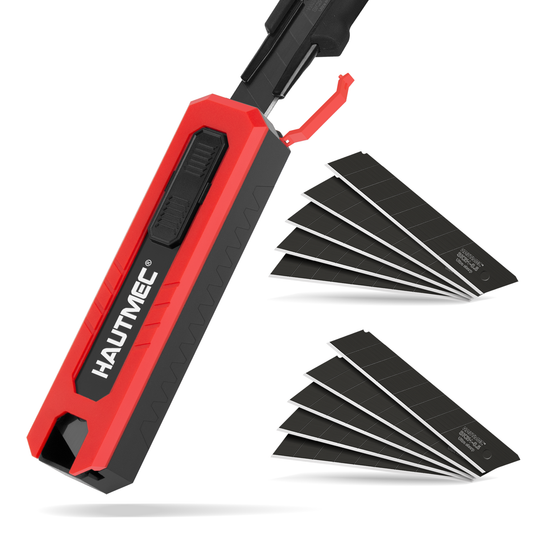 HAUTMEC 10PC 18mm Heavy Duty Utility Knife Blades, SK2H Steel Box Cutter Replacement Rustproof Blades - for Industrial or Construction Applications Bottom Snap-Off & Recycling Box 25008