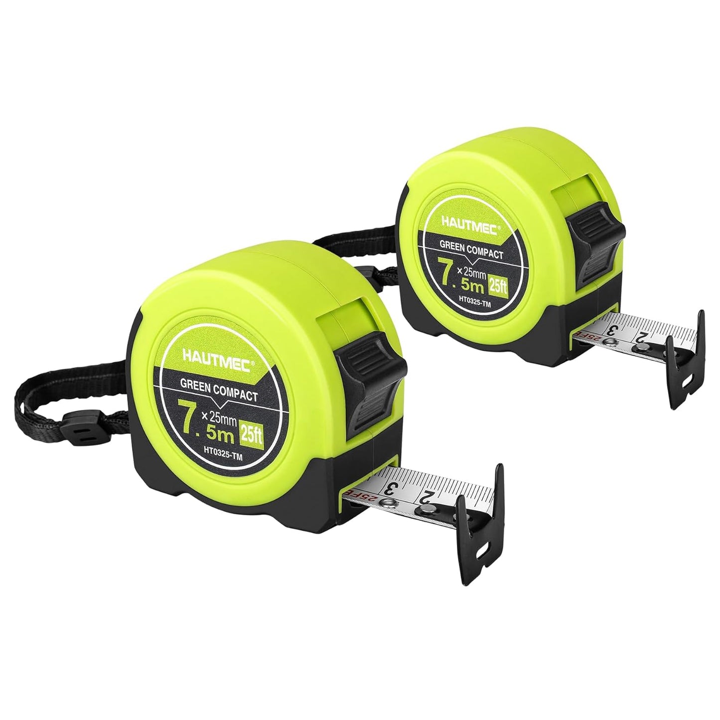 HAUTMEC 25Ft Tape Measure 2PC with Fractions 1/8,Multi-Catch Hook Retractable Measuring Tools,Heavy Duty Green Compact Case for Construction, Carpenter, Professionals HT0325-2PC