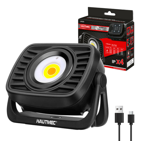 HAUTMEC Rechargeable Work Light, 360°Rotating COB 1500LM Portable Flood Light with Magnetic Base and Pothook, Waterproof Power Bank Worklight Tool for Car Repairing Construction Sites, HT0168-WL