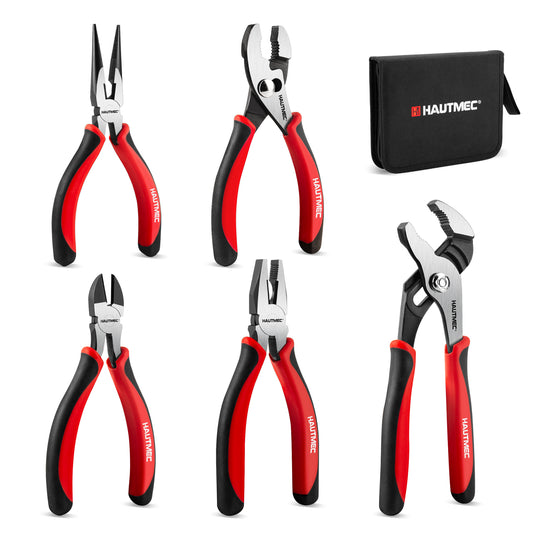 HAUTMEC 5-Piece Bi-Material Pliers Set, Including Slip-joint, Long Nose, Diagonal, Linesman, Groove Joint Pliers, Multi-Purpose for Repair, Home Maintenance, HTPTM25035