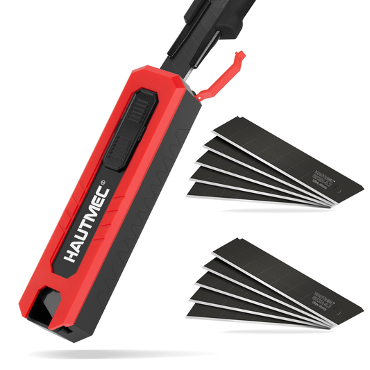 HAUTMEC 10PC 25mm Heavy Duty Utility Knife Blades, SK2H Steel Box Cutter Replacement Rustproof Blades - for Industrial or Construction Applications Bottom Snap-Off & Recycling Box 25009