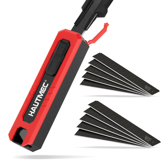HAUTMEC 10PC 9mm Industrial Utility Knife Blades, SK2H Steel Box Cutter Replacement Rustproof Blades - for Warehouse/DIY/Light Maintenance Bottom Snap-Off & Recycling Box 25007
