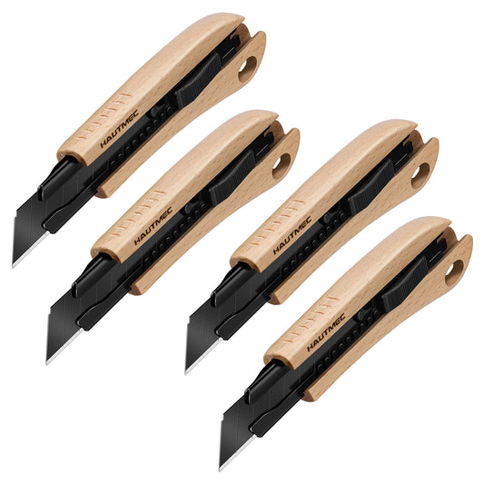 HAUTMEC 4PCS 18mm Retractable Utility Knife Wooden Handle, Heavy Duty Box Cutter Autolock and Snap off with SK2H Ultra Sharp Black Blade, Wooden Recyclable Handle Design, HT0352-4PC