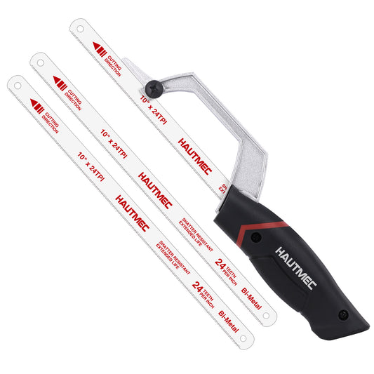 HAUTMEC Mini Hacksaw, 10" Compact Hacksaw with Cutting Guide Design, Tool-Free Blade Change, Compatible with 10"/12" Blades, Lightweight Hack Saw for Metal, PVC & Wood Cutting – HT0426