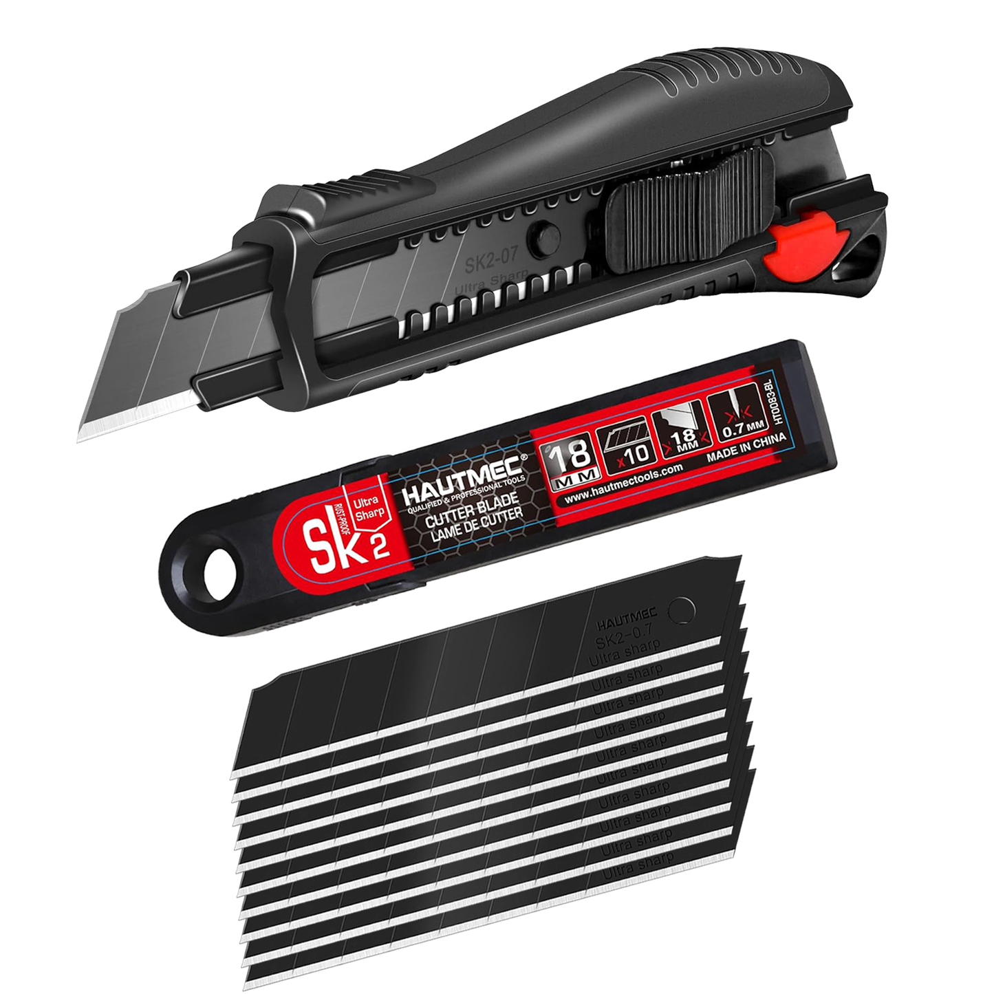 HAUTMEC Pro 18mm Black Auto-Lock Utility Knife Set Including 10pcs Ultra Sharp Black Snap-off Blades in Case, HT0094-KN