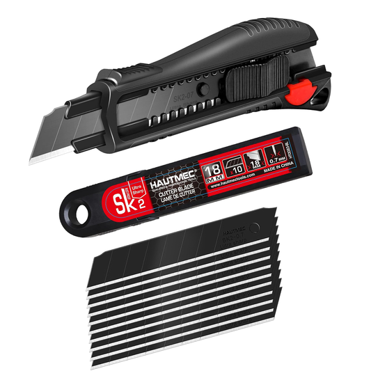 HAUTMEC Pro 18mm Black Auto-Lock Utility Knife Set Including 10pcs Ultra Sharp Black Snap-off Blades in Case, HT0094-KN