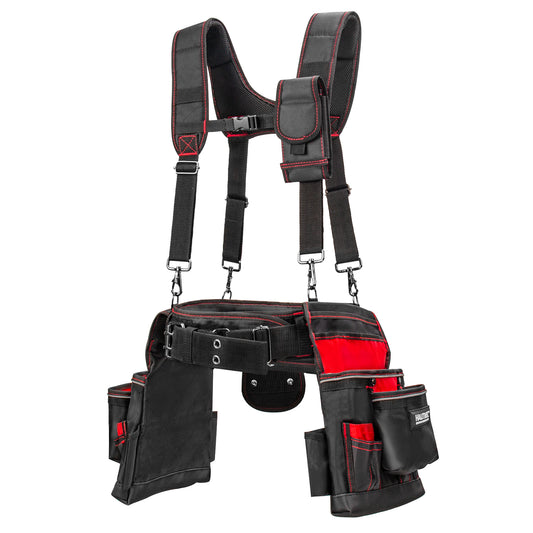 HAUTMEC Professional Tool Belt with Suspenders, 19 Pockets, Heavy-Duty 1680D Work Belt with Adjustable Padded Waist & Shoulder Support, Phone Pouch, Hammer & Tape Holder – HT0400