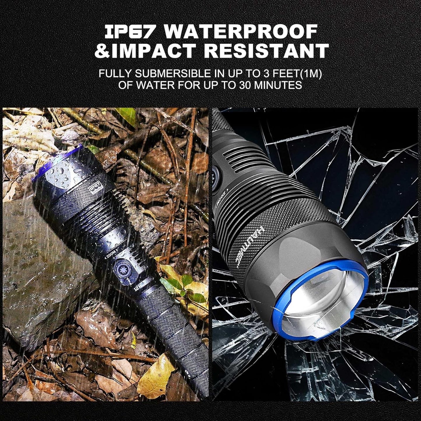 HAUTMEC Rechargeable Flashlights 12000 High Lumens Flashlight, 5 Light Modes Bright Flashlight, 2X Zoom, IP67 Waterproof & Impact-Resistant, and Power Bank, for Emergencies, Hunting, Camping, Hiking, HT0386