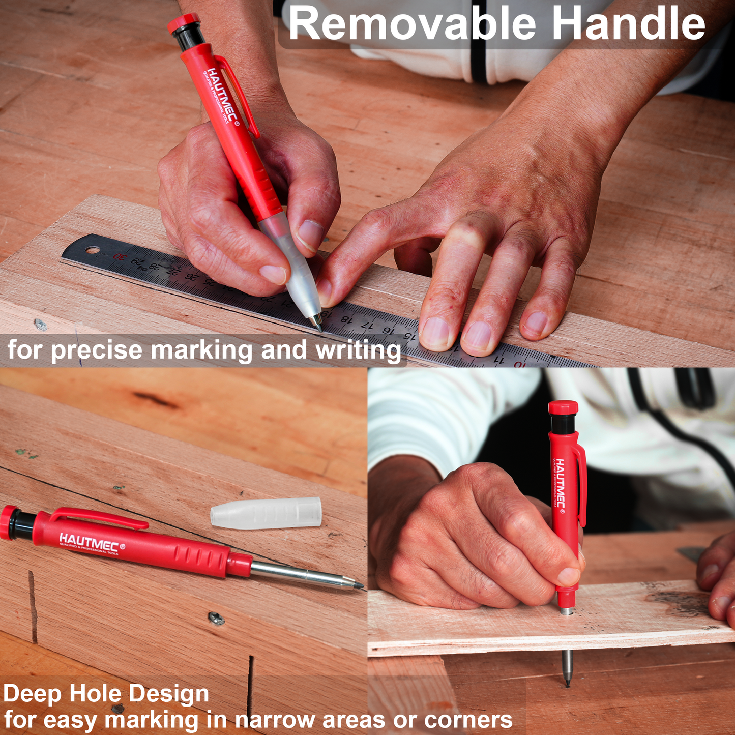 HAUTMEC 2 Pack 3-in-1 Carpenter Pencils with Removable Finger Grip, Built-in Sharpener and 14 Leads (3 Colors), Mechanical Construction Pencil for Deep Marking Scribing, Pro Tracer Pencil, HT0293-2
