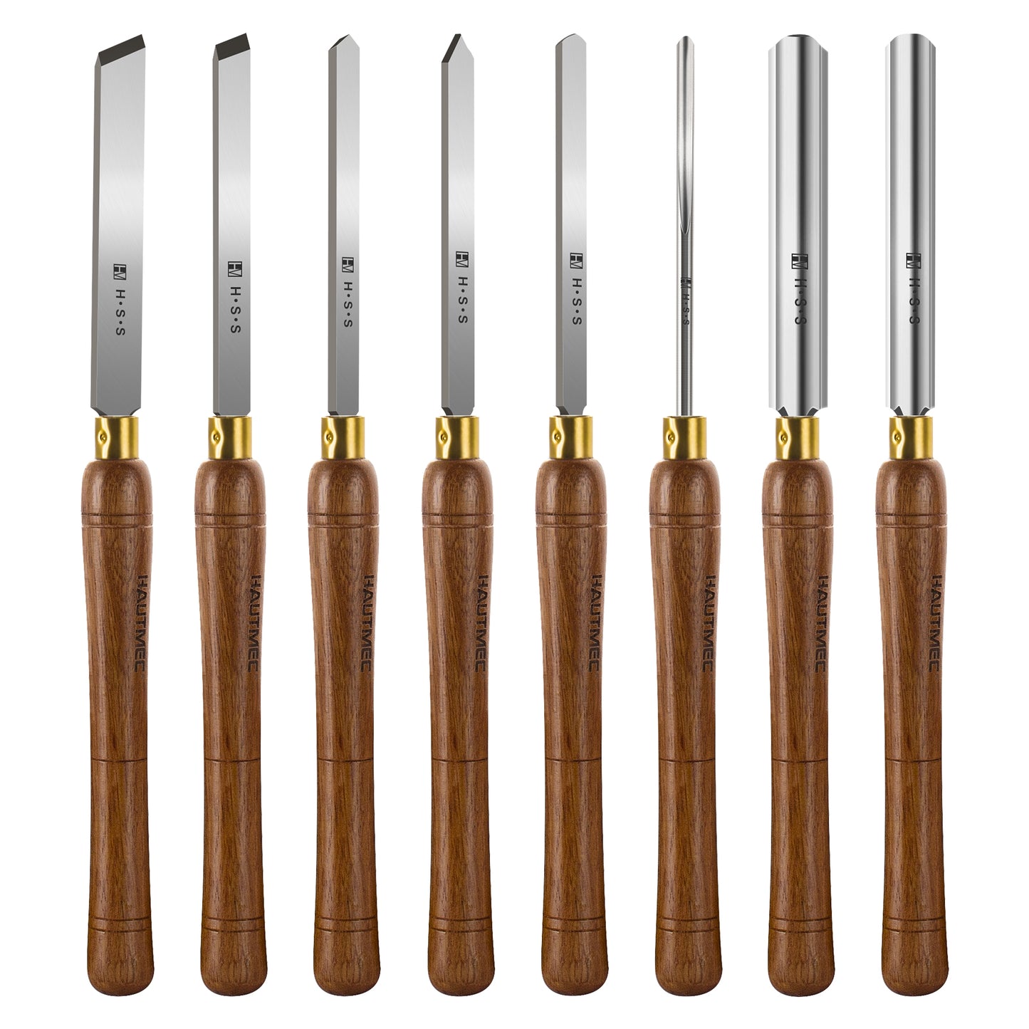 HAUTMEC Professional HSS Wood Turning Chisel Set 8 Pcs, Lathe Chisel Set with 3 Gouge 2 Skew 1 Spear Point 1 Parting 1 Round Nose Tools with 1680D Tool Bag for Professionals and Beginners - HTWCH25028