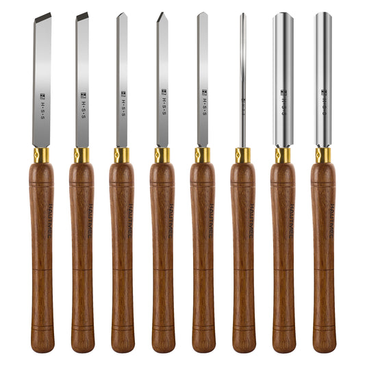 HAUTMEC Professional HSS Wood Turning Chisel Set 8 Pcs, Lathe Chisel Set with 3 Gouge 2 Skew 1 Spear Point 1 Parting 1 Round Nose Tools with 1680D Tool Bag for Professionals and Beginners - HTWCH25028