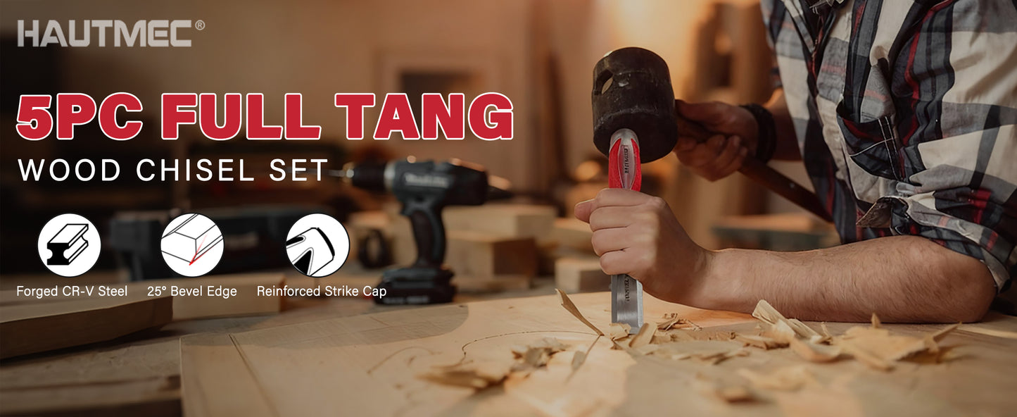 HAUTMEC 5 Piece Wood Chisel Set for Woodworking & Carving. Drop-Forged CR-V Steel Beveled Edge Blades with Ergonomic Non-Slip Handles and Heavy-Duty Strike Caps– HT0365