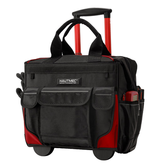 HAUTMEC 14.5" Rolling Tool Bag with Wheels, 25-Pocket Portable Tool Box Organizer with 600D Water-Resistant Fabric, Wide-Mouth Design, Oversized Wheels & Telescoping Red Handle -HTTBM25005