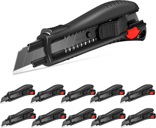 HAUTMEC 18mm Soft Grip Auto-Lock Utility Knife With Red Safety Switch, Sturdy Cutter with Ultra Sharp Black Snap-off Blade, HT0081-10PC