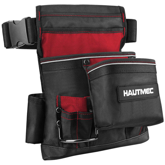 HAUTMEC Heavy Duty Framing Tool Belt Electrician Tools Pouch Organizer Work Belts For Men, 12-Pocket 1680D Tool Bag with Waist Strap Hammer Holder and 360°Reflective Strips, Black & Red HT0220-TBR