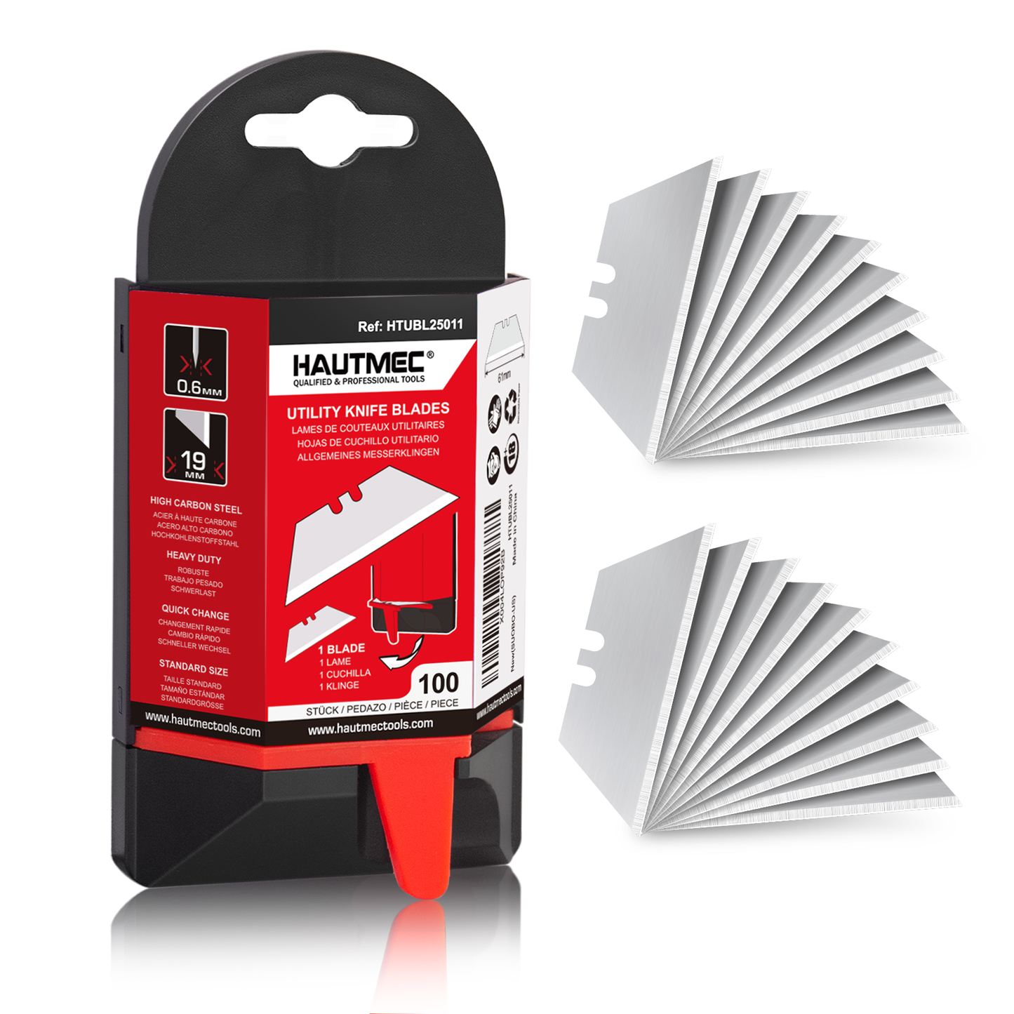 HAUTMEC 100 Pack Utility Knife Blades, Standard Box Cutter Blades with Innovative Safty Dispenser, Premium Carbon Steel Utility Blade Replacement, for Box, Carpet, Rope - HTUBL25011