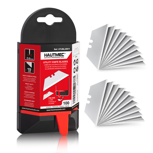 HAUTMEC 100 Pack Utility Knife Blades, Standard Box Cutter Blades with Innovative Safty Dispenser, Premium Carbon Steel Utility Blade Replacement, for Box, Carpet, Rope - HTUBL25011