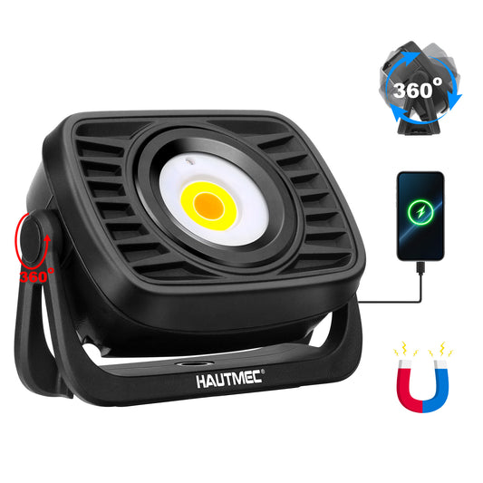 HAUTMEC Rechargeable Work Light, 360°Rotating COB 1500LM Portable Flood Light with Magnetic Base and Pothook, Waterproof Power Bank Worklight Tool for Car Repairing Construction Sites, HT0168-WL