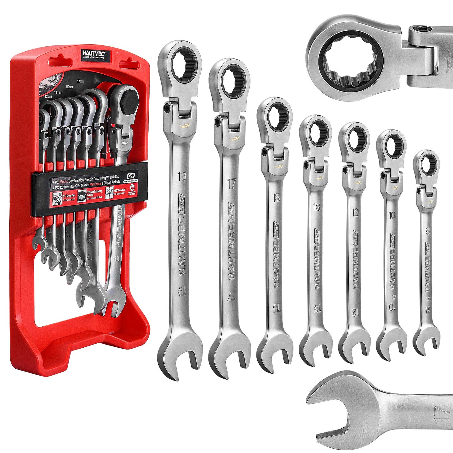 HAUTMEC 7-Piece Flex-Head Ratcheting Combination Wrench Set, Metric 8-19mm, 72-Teeth Chrome Vanadium Steel with Storage Rack for Mechanics, Auto Repair, Household Tool kit HT0127-RW