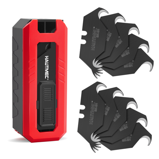 HAUTMEC Utility Knife Hook Blades, 10-Pack SK2H Steel Razor Blades with Innovative Safety Dispenser, Standard Size Replacement Blade for Heavy-duty Material Cutting – HTUBH25010