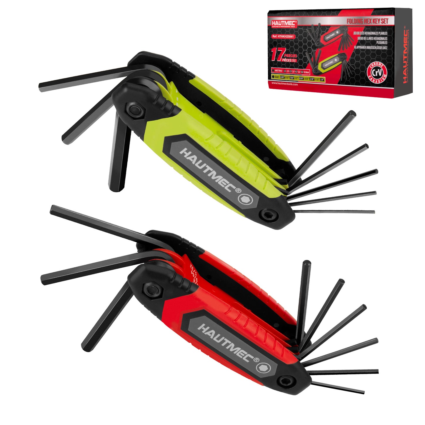 HAUTMEC 17PCS Folding Allen Wrench Set, Compact SAE & Metric Hex Key Set, Color-Coded Non-Slip Grip Allen Key Set, Heated Treated CR-V Steel Hex Wrench Sets, for Bike, Motorcycle & Machinery Repair HTHKH25041
