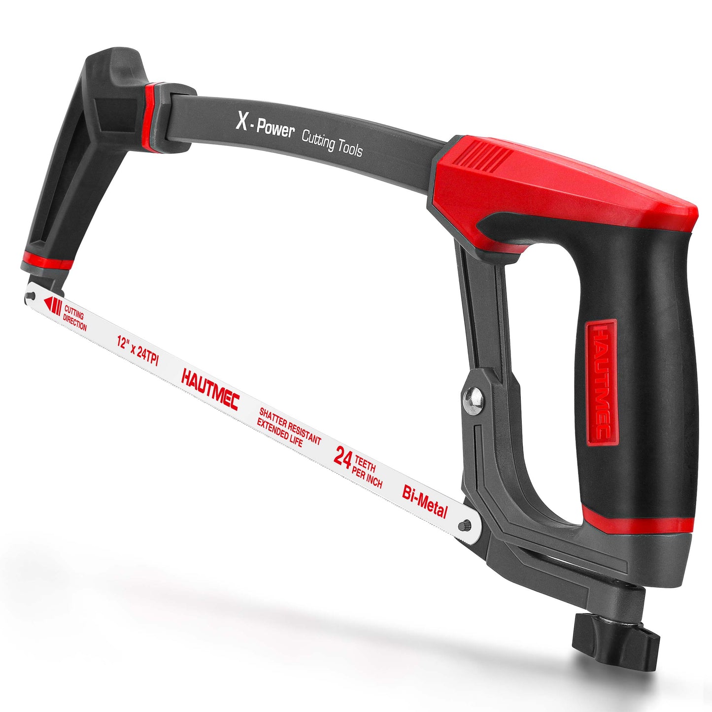 HAUTMEC 12 Inch X-Power High-Tension Hacksaw Frame, Adjustable 55°/90°Heavy Duty Aluminum Structure，Soft Non-slip Grip, 24 TPI Bi-Metal Blade for Metal, Wood, PVC Pipes HT0146-HS