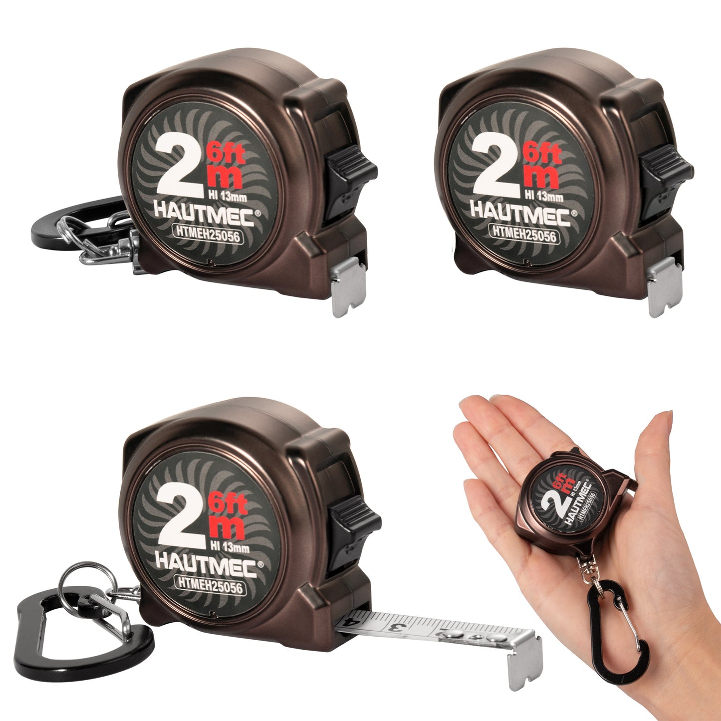 HAUTMEC Mini Tape Measure, Brown 3PCS 6FT/2M Small Measuring Tape, Metric & Imperial Scales, Retractable Pocket Keychain Measurement,ABS Protective Casing, Suitable for Homeowners, HTMEH25056