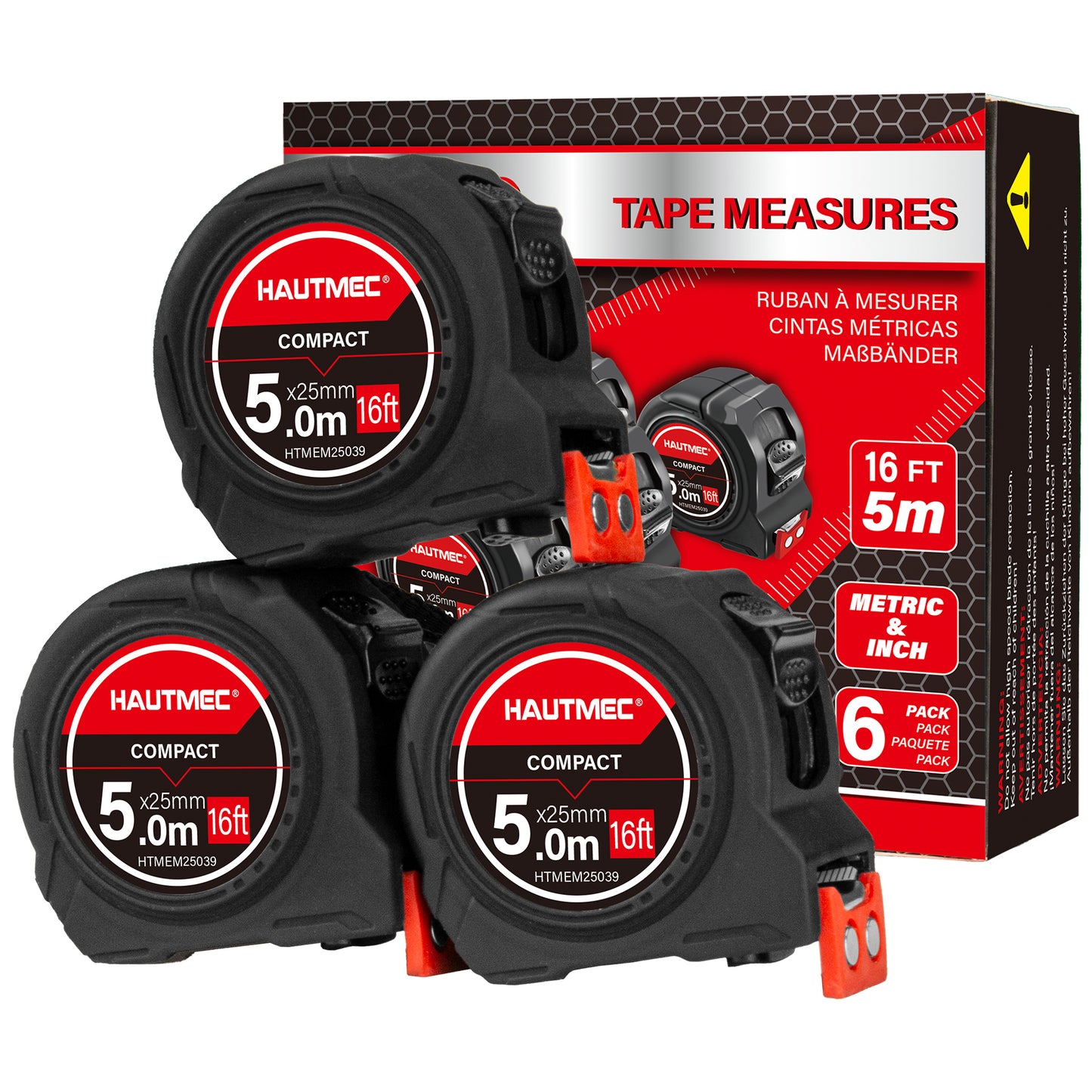 HAUTMEC 6 Pack Compact Tape Measures 16FT/5M, Heavy-Duty Tapes in Bulk &nbsp;with 1/8 Fractions, Rubberd Magnetic Hook &nbsp;and Double Lock Mechanism, HTMEM25039