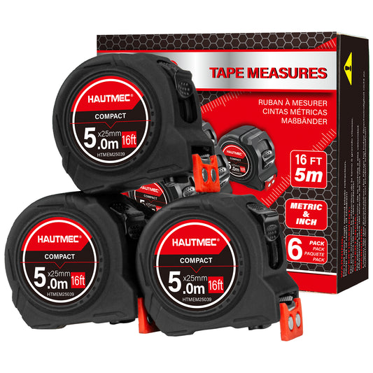 HAUTMEC 6 Pack Compact Tape Measures 16FT/5M, Heavy-Duty Tapes in Bulk &nbsp;with 1/8 Fractions, Rubberd Magnetic Hook &nbsp;and Double Lock Mechanism, HTMEM25039