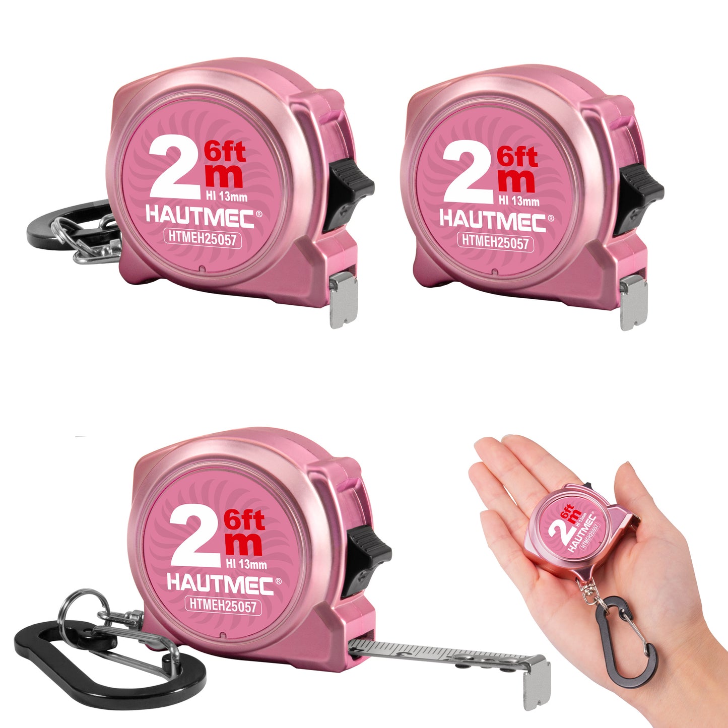 HAUTMEC Mini Tape Measure, Pink 3PCS 6FT/2M Small Measuring Tape, Metric & Imperial Scales, Retractable Pocket Tape Measure Keychain Measurement, ABS Protective Casing, Suitable for Homeowners,HTMEH25057