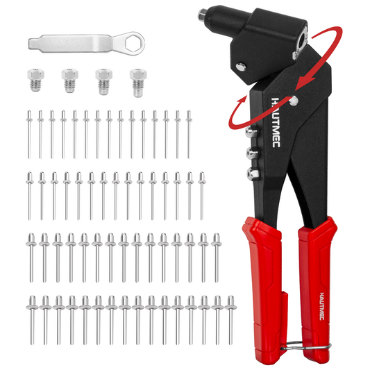 HAUTMEC 360° Swivel Head Rivet Gun with 120 Rivets 3/32"(2.4mm) 1/8"(3.2mm) 5/32"(4.0mm) 3/16"(4.8mm) and 4 Manual Interchangeable Rivet Heads HTRTM25062