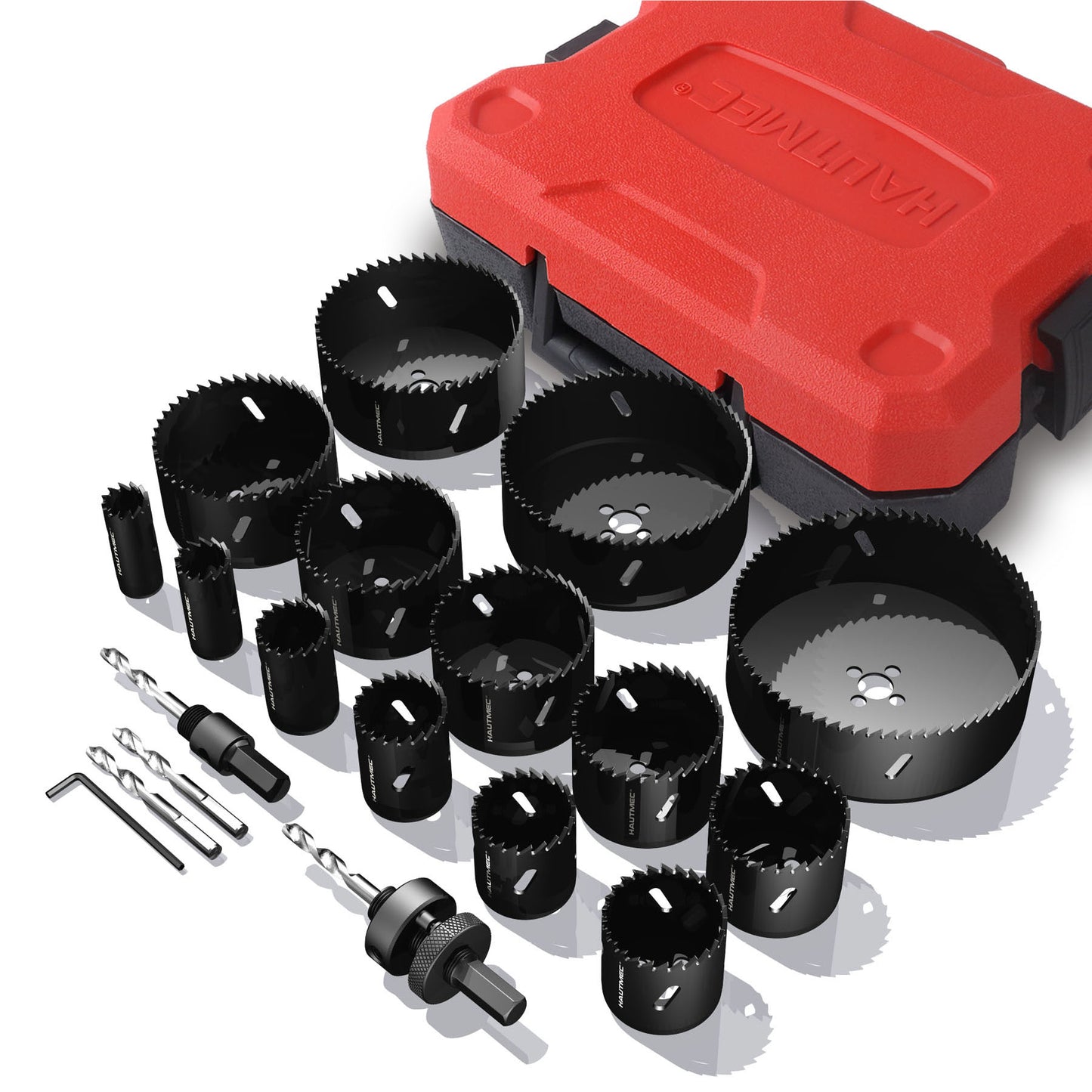 HAUTMEC 21-Piece Bi-Metal Hole Saw Kit, 3/4″–4-3/4″ (19–121mm), Heavy-Duty HSS Blades with 2 Arbors, 4 Drill Bits, Hex Key & Storage Case for Wood, Drywall, PVC & Thin Metal – HTHOH25013