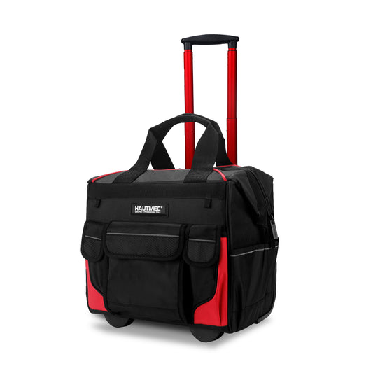 HAUTMEC 14.5" Rolling Tool Bag with Wheels, 25-Pocket Portable Tool Box Organizer with 600D Water-Resistant Fabric, Wide-Mouth Design, Oversized Wheels & Telescoping Red Handle -HTTBM25005