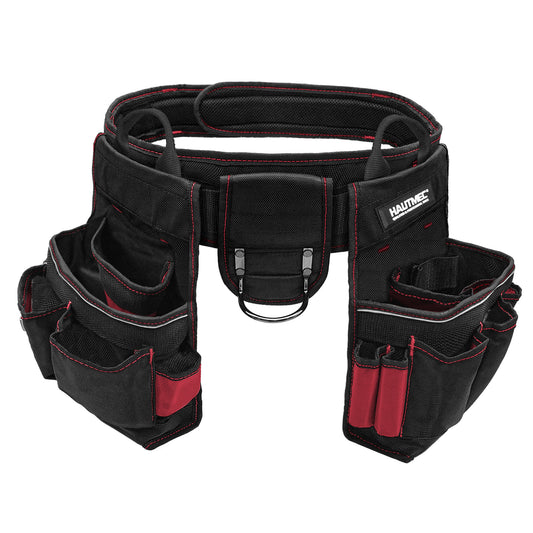 HAUTMEC Heavy-Duty Tool Belt Bag with 20 Pockets & Thickened Lumbar Support, 1680D Oxford Electrician Tool Pouch Organizer with Adjustable Waist Strap, Hammer Holder & Reflective Safety Strips, HT0177