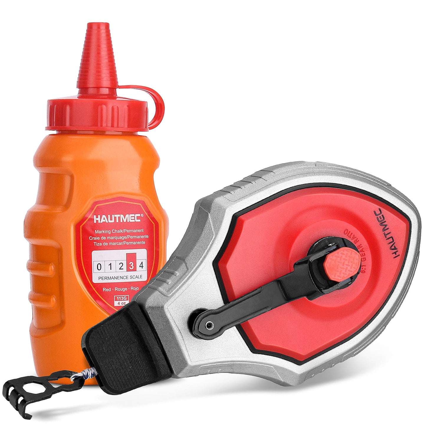 HAUTMEC Pro Aluminum Alloy Chalk Reel 30M/100ft Kit with Red Chalk，6:1 Ratio Gear Speed, Strong Chalk Line for Carpenters & Builders, HT0358