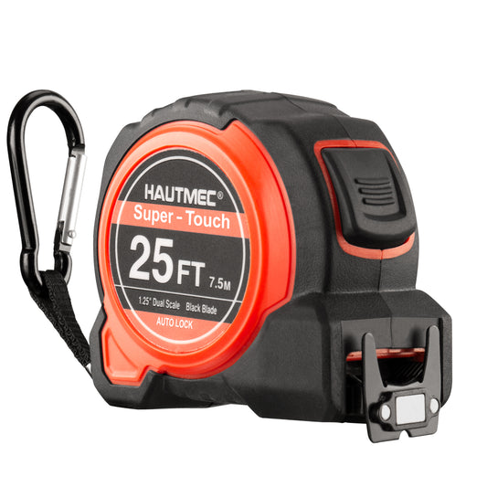 HAUTMEC Pro 25-Foot Tape Measure, 1.25-Inch Wide Carbon Steel Blade, Button Lock, Magnetic Hook, Dual-Sided Imperial/Metric Scale – Heavy-Duty for Contractors and Engineers, HT0283-TM