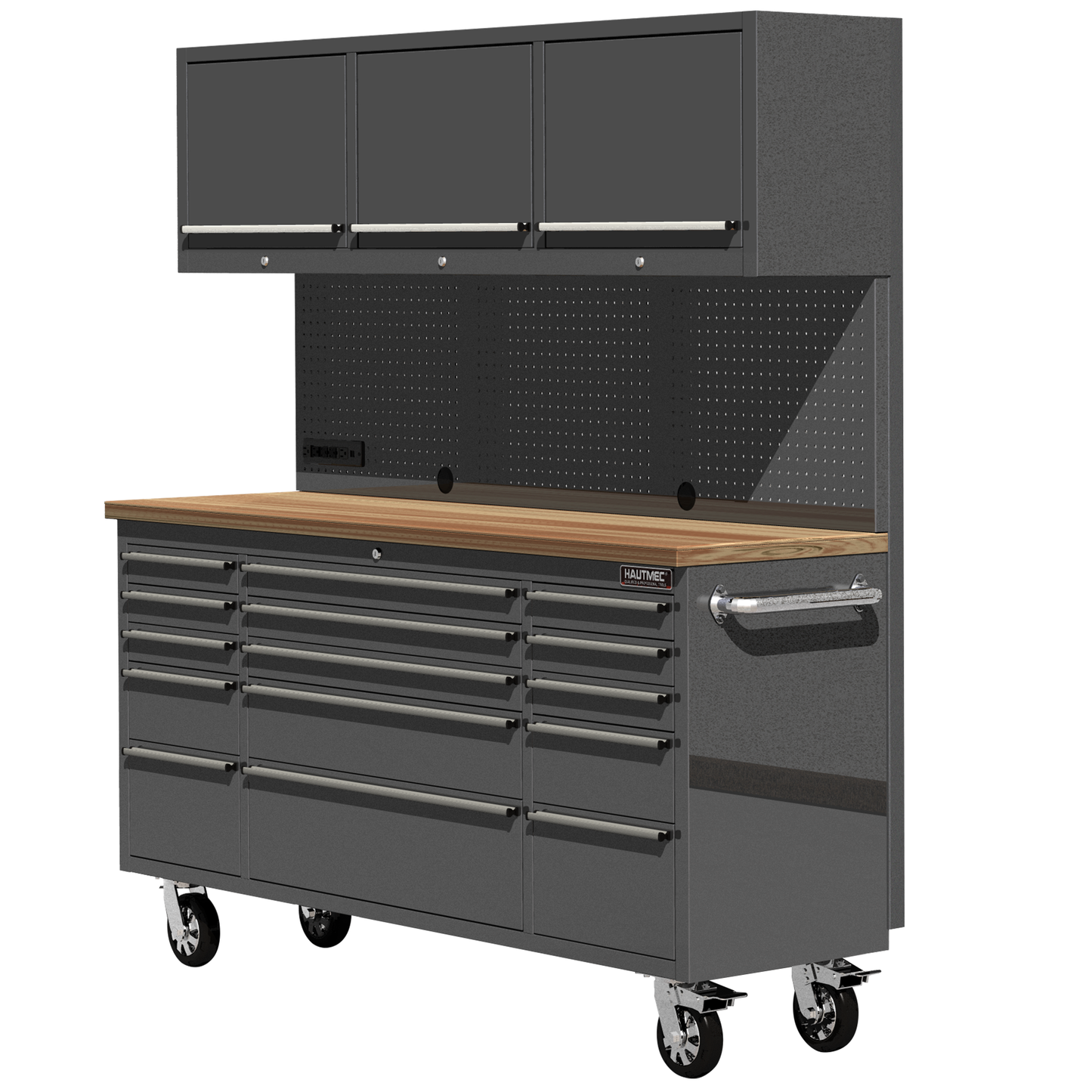 HAUTMEC 72-Inch Rolling Tool Chest，Mobile Garage Workbench，Tool Box on Wheels, Tool Cabinet with 15 Drawers, 3 Upper Cabinets, Pegboard, ETL-Certified Power Strip & Heavy-Duty Oak Work Surface