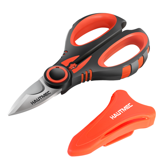 HAUTMEC Electrician Scissor, 6-1/4" Professional Electrician Shears with Stainless Serrated Blade, Cable Shears With Crimp, Notch Blade With Sheath, Comfortable Reinforced Fiberglass Handle,HT0416