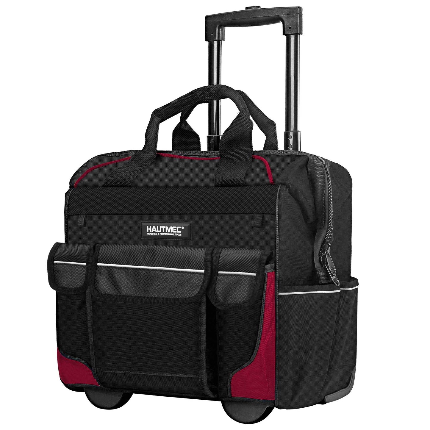 HAUTMEC 14.5" Rolling Tool Bag With Wheels Portable Tool Bag With Adjustable Telescoping Handle Wide Mouth Storage Organizer Perfect Mens Gifts, 600D Red, HT0179